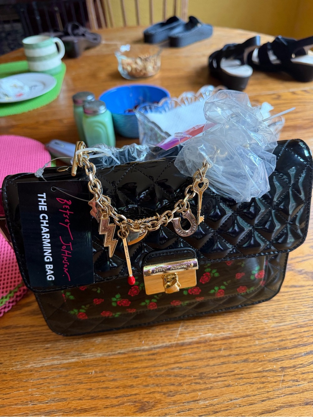 Betsey Johnson Black Quilted Crossbody with Red Rose Embroidery - Picture 3 of 5